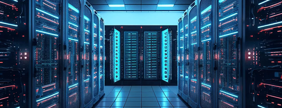 Modern data center with advanced server racks and blue LED lighting technology infrastructure.